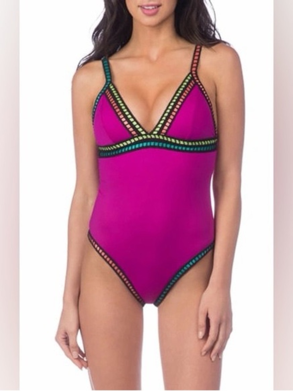 La Blanca Women's V-Neck Running Stitch One Piece Swimsuit Magenta Sz 8 Slimming